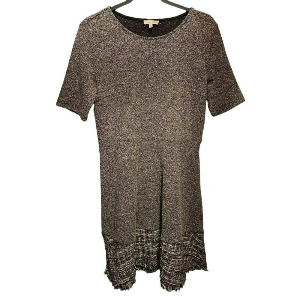 Mystree Tweed Mini Dress Black White Short Sleeve Fringed Hem Large Womens Y2K